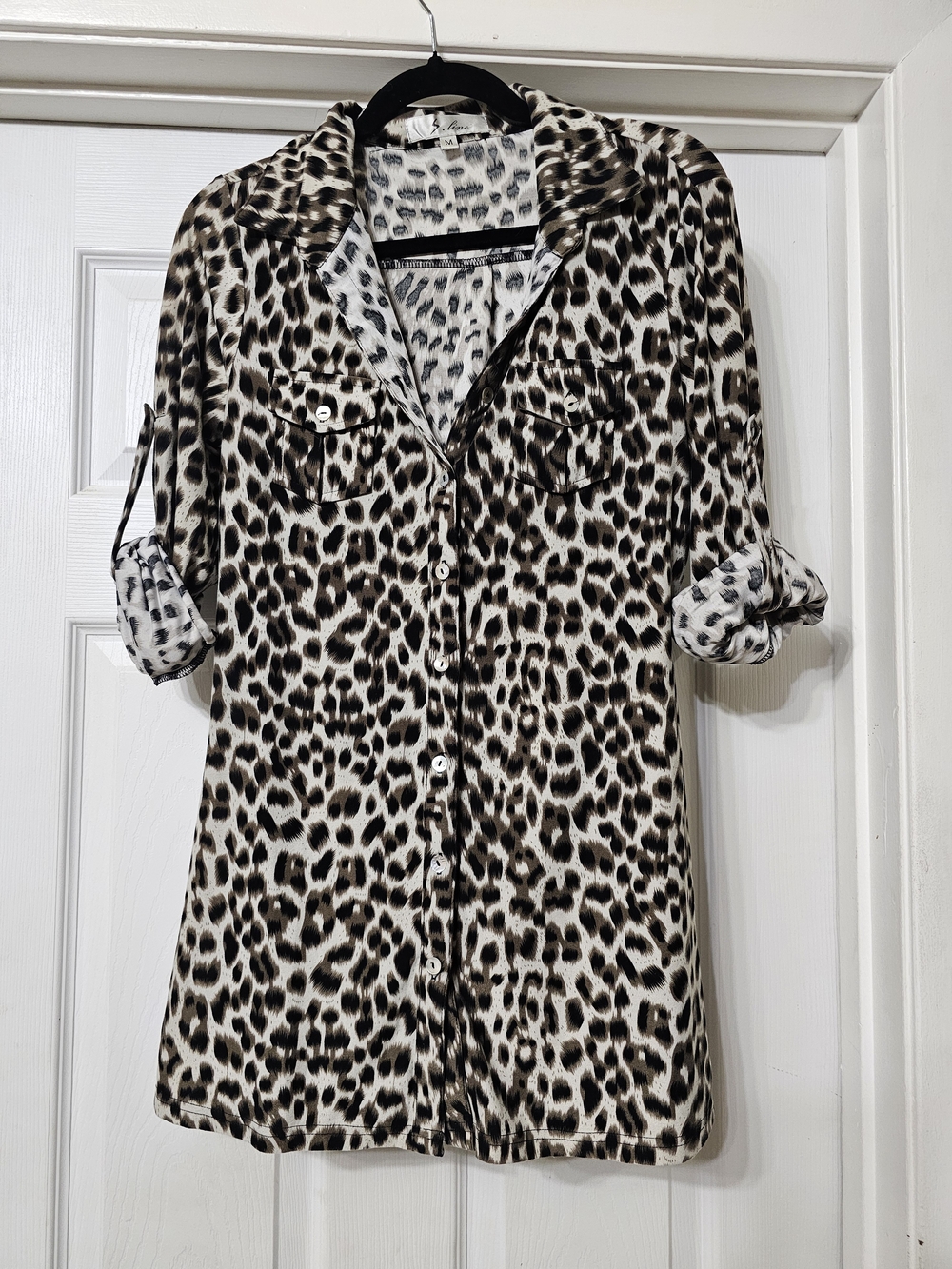 Leopard Print Button-Up Tunic Shirt - Neutral Spots